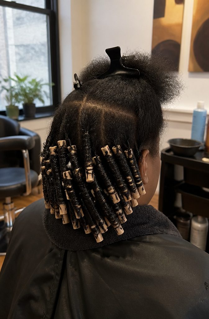 Black hair styled for an article about chemical treatments