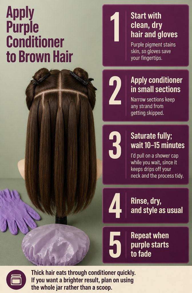 Beauty graphic listing steps for applying purple conditioner to brown hair