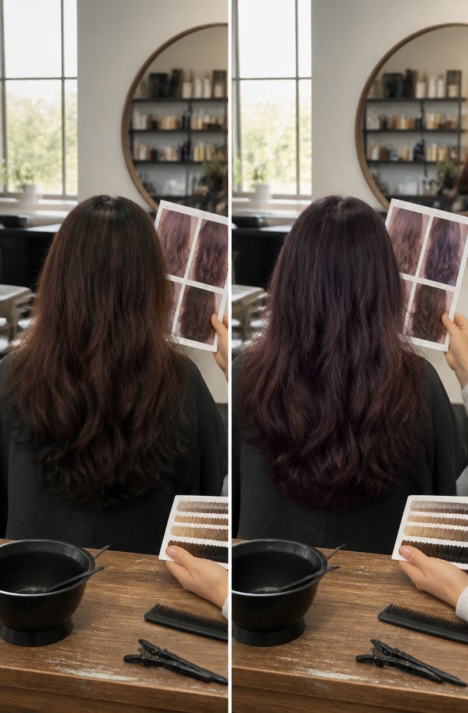 Purple brown hair showing a customized blend of brown and violet