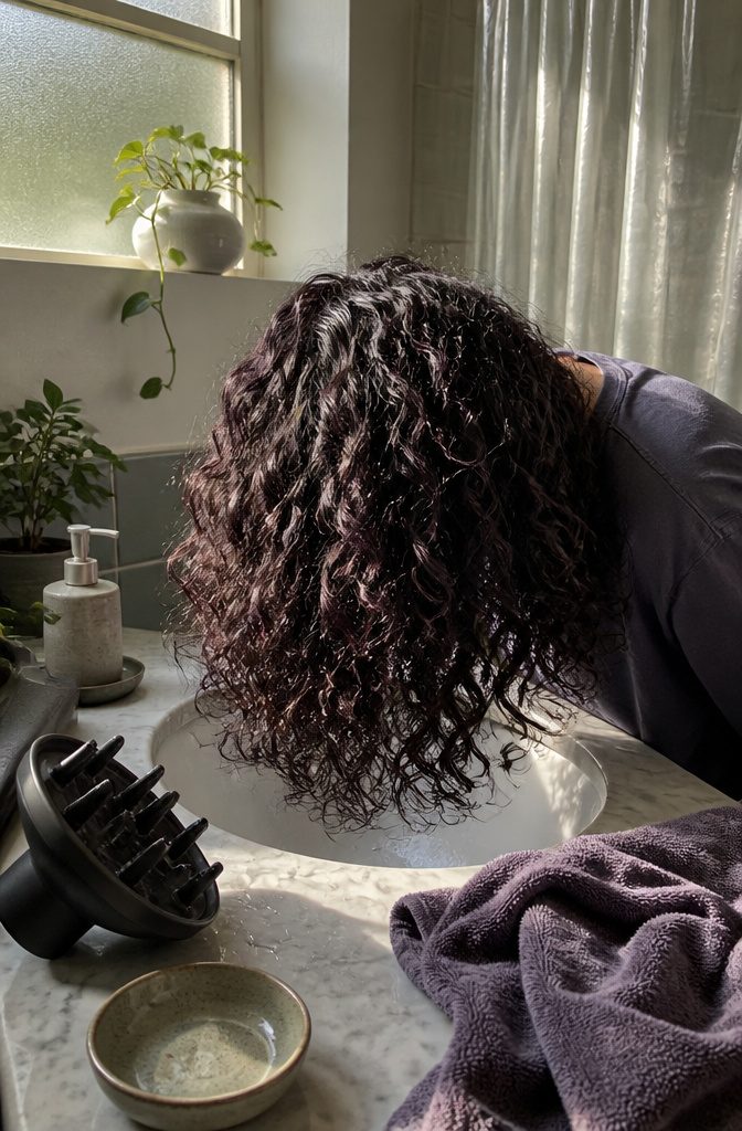 Dark brown curls with subtle purple tint and defined springy texture