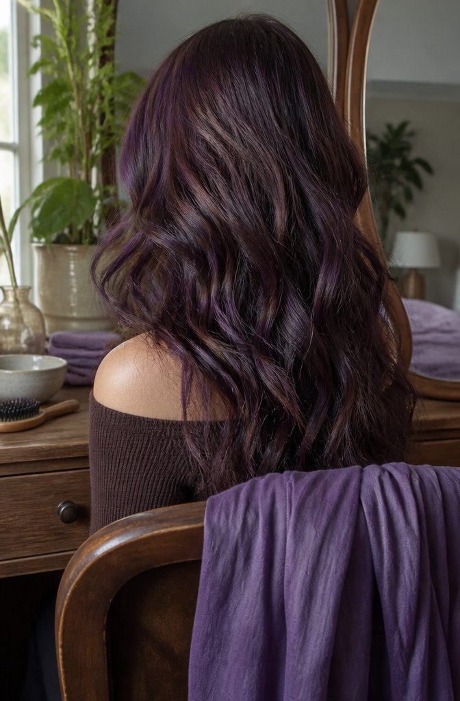 Hair with brunette and dark purple tones blended throughout