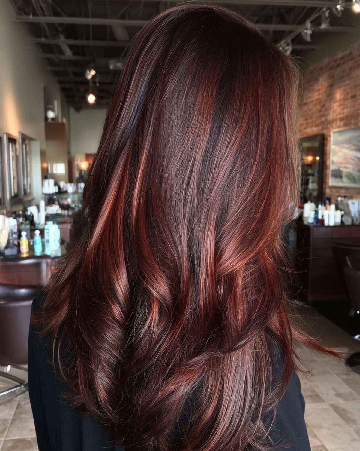 Glossy mahogany hair falls in long, layered waves with reddish brown shine