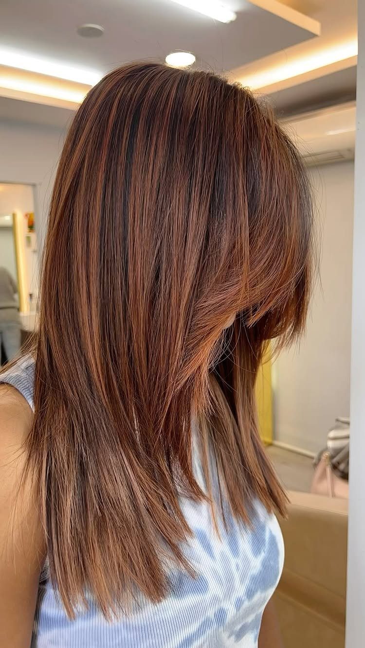 Long brown hair with reddish auburn highlights in a salon