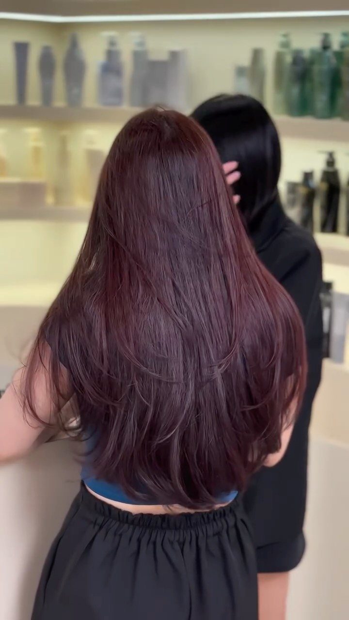 Long dark burgundy-red hair shown from behind in a salon