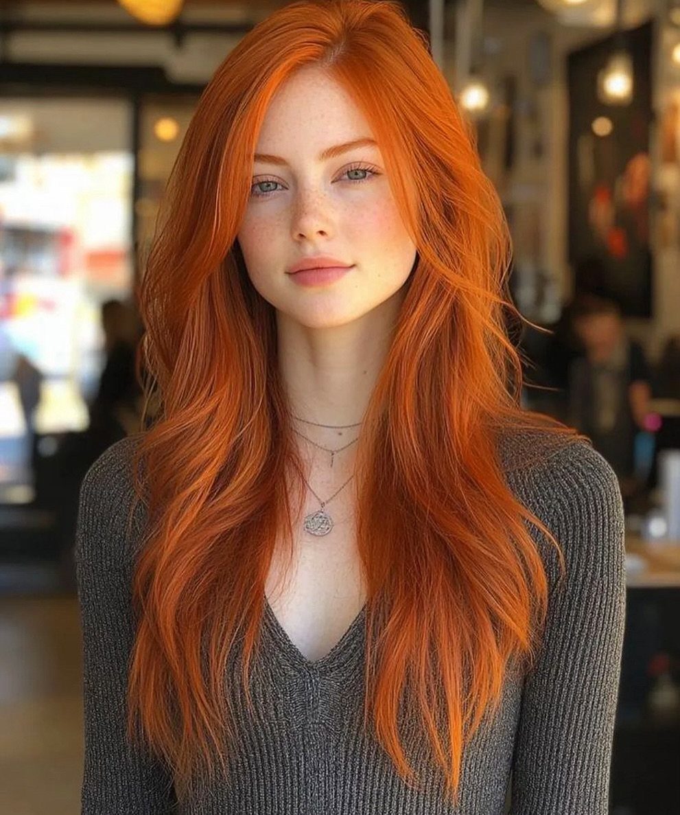 Woman with long, vivid copper-orange hair in a dark gray sweater