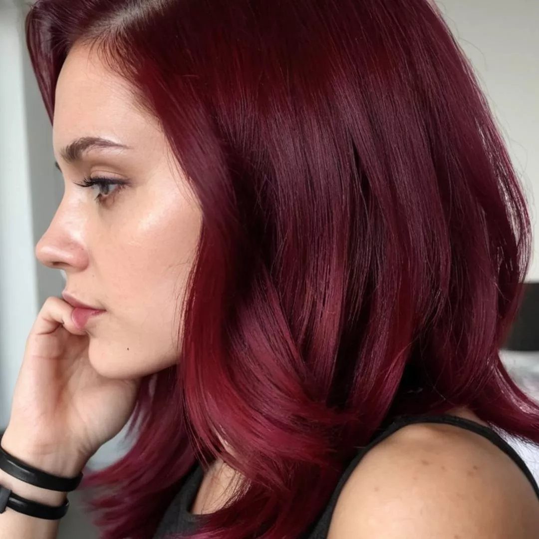 Woman with shiny, deep maroon hair styled in long, layered waves