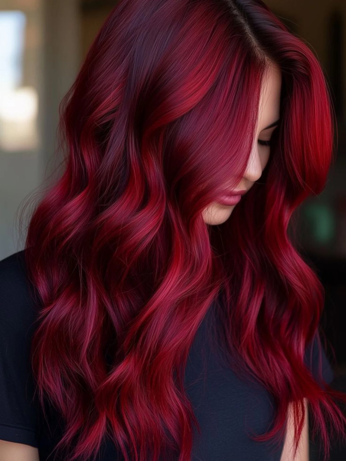 Woman with long, wavy deep crimson hair and a dark top