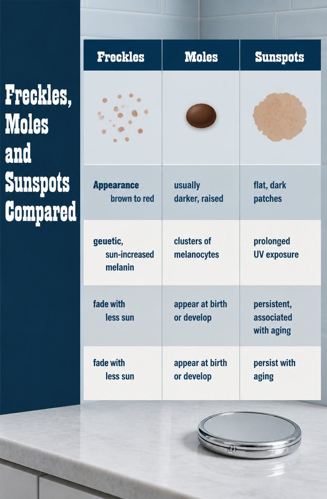 Comparison graphic showing freckles moles and sunspots on skin