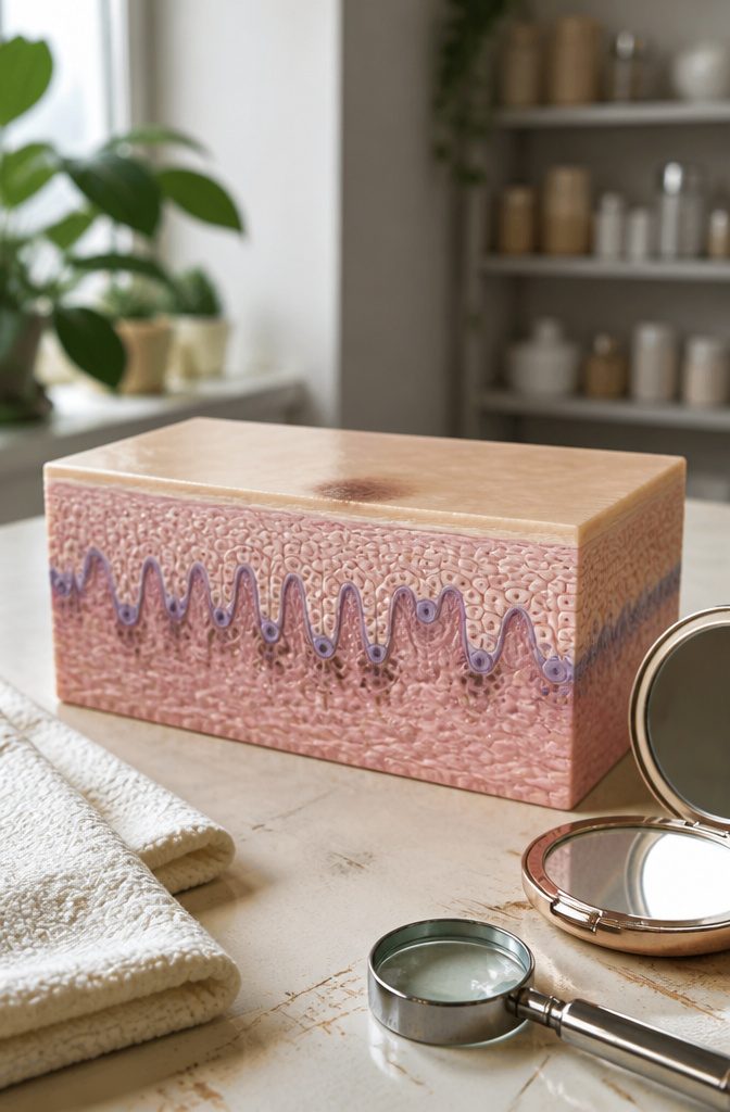 Skin cross-section with dark freckle enlarged melanosomes and elongated ridges