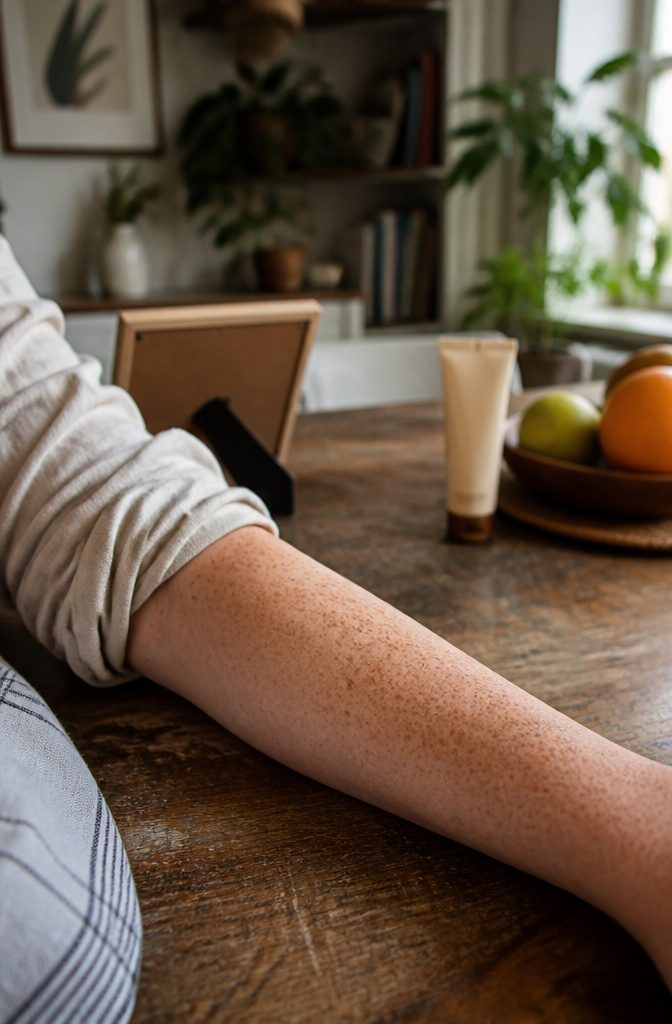 Forearm with scattered flat freckles and visible skin texture
