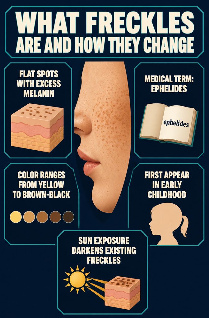 Freckle information graphic with skin spots shown changing over time