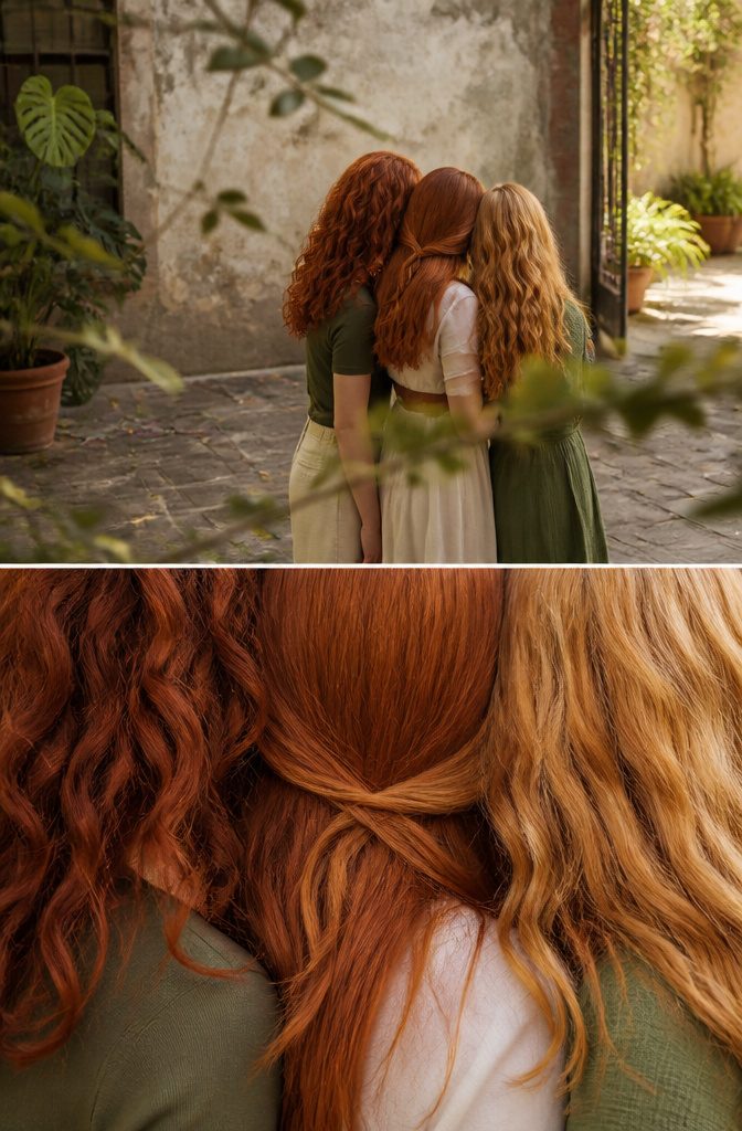 Two red-haired people leaning together with different copper shades