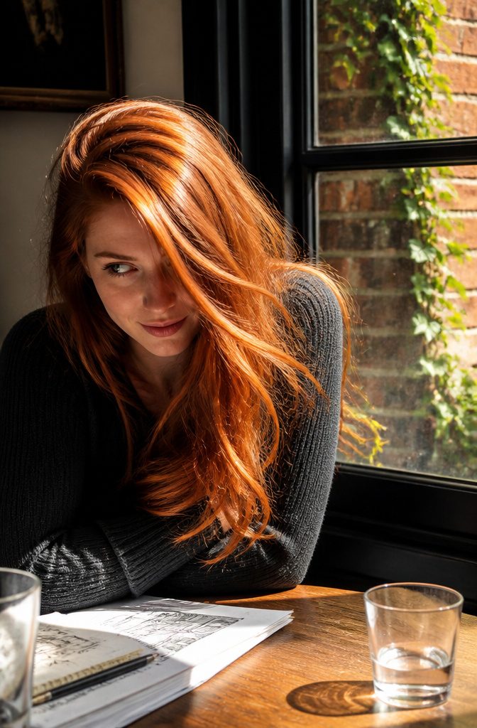 Red-haired subject leaning at café table with tousled copper hair