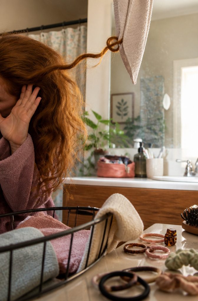 Red-haired subject in robe with tousled hair near ear