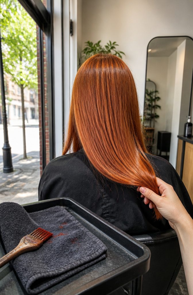 Newly dyed copper hair falling from crown to shoulder