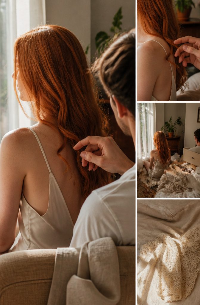 Red-haired person with partner touching a loose curl
