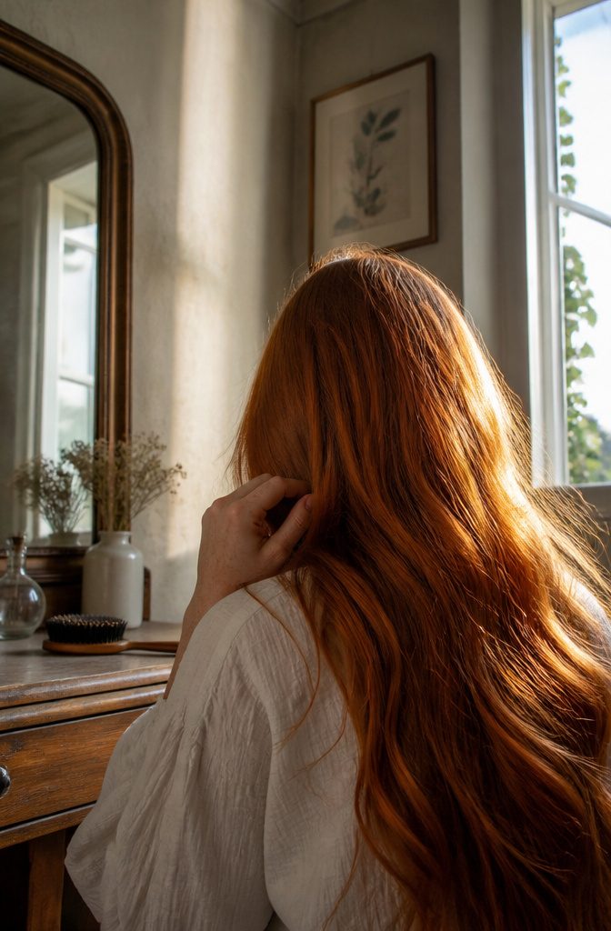 Close-up of copper hair showing its unusual color