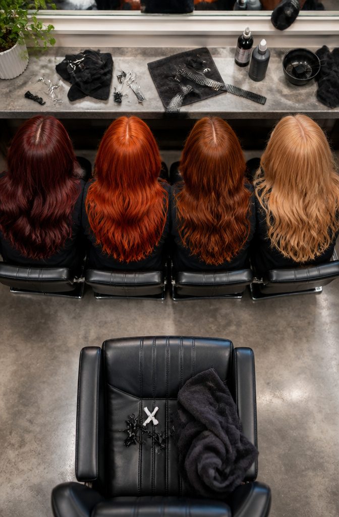 Red hair shade samples from burgundy to strawberry blond