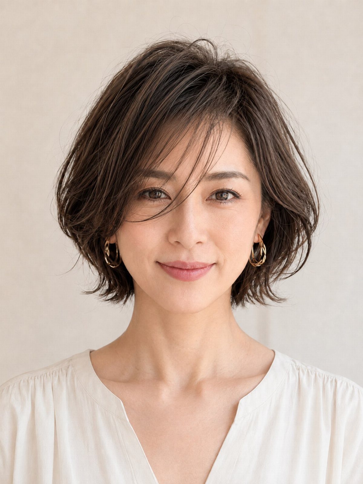 Woman wearing a tousled dark bob with choppy layers and side-swept bangs