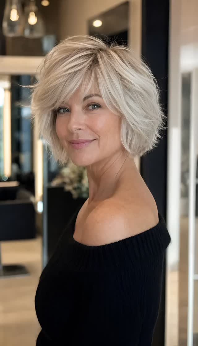 Woman showing a short, feathered blonde bob with side-swept bangs