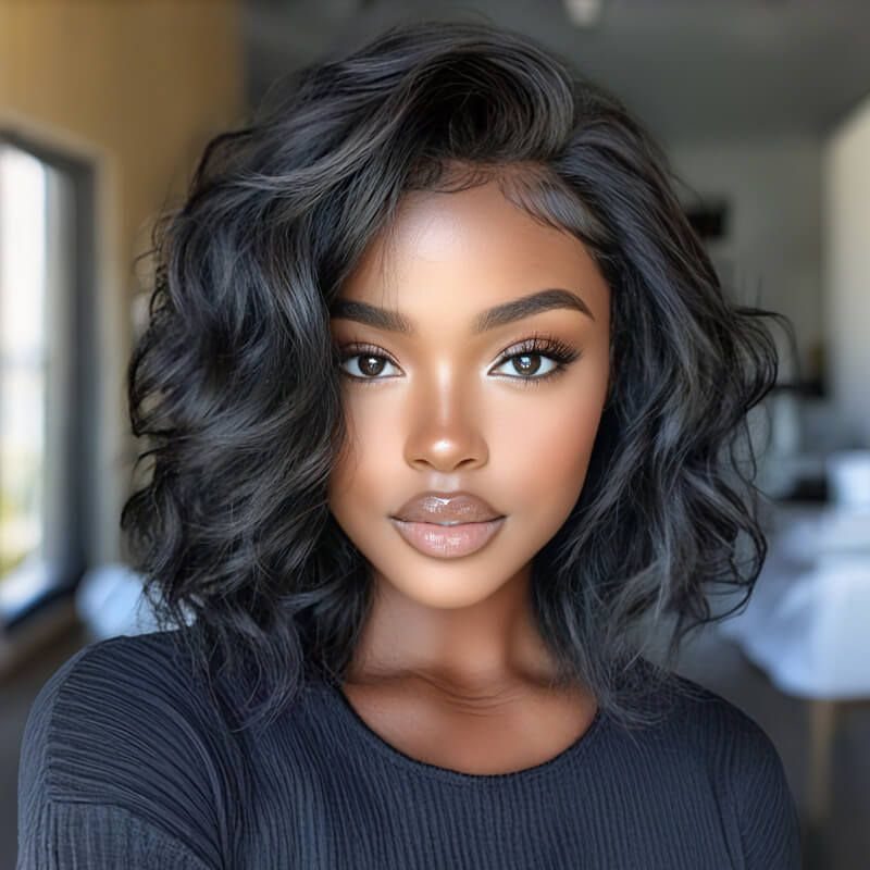 Woman with a dark, chin-length layered bob styled in soft natural-looking waves