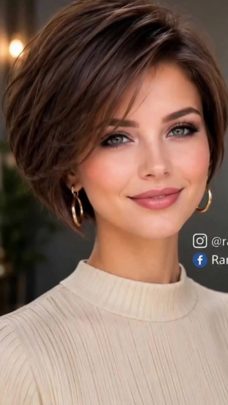 Woman wears a rounded cropped brunette bob with side-swept layers