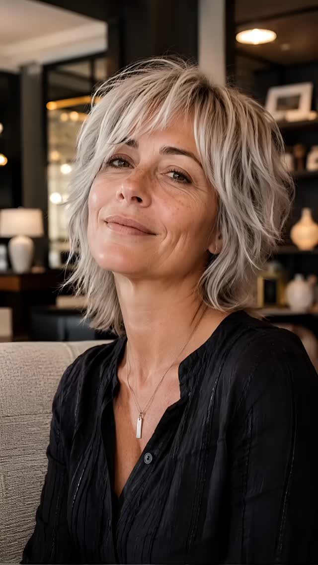 Woman with tousled silver-blonde short layered shag and side-swept fringe