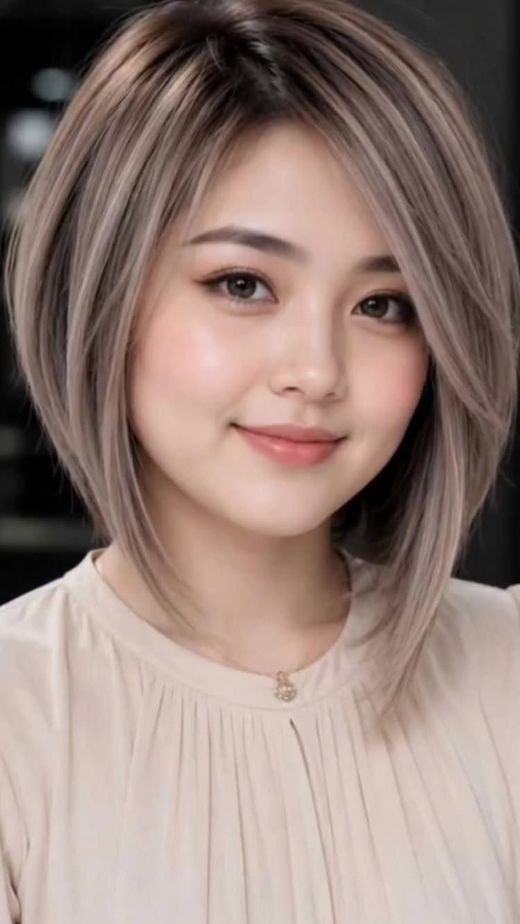 Woman with a softly layered brown bob and side-swept bangs