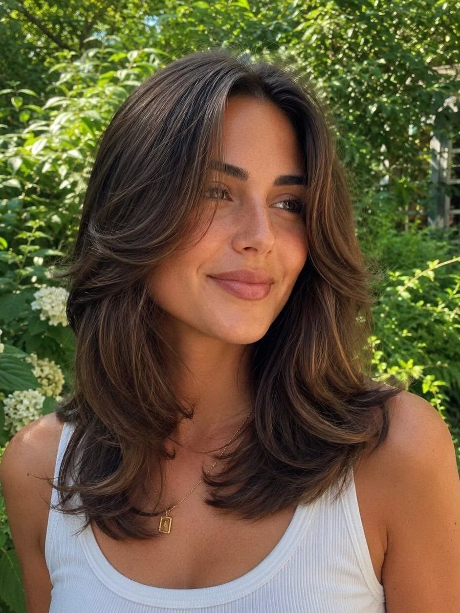 Woman with dark feathered layers framing her face and curled shoulder-length ends