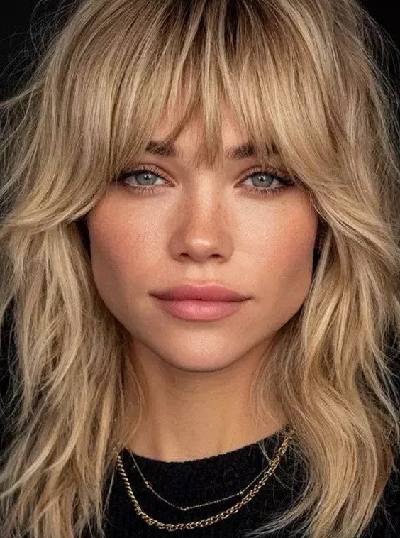 Blonde woman with choppy shoulder-length layers, wispy bangs, and tousled texture