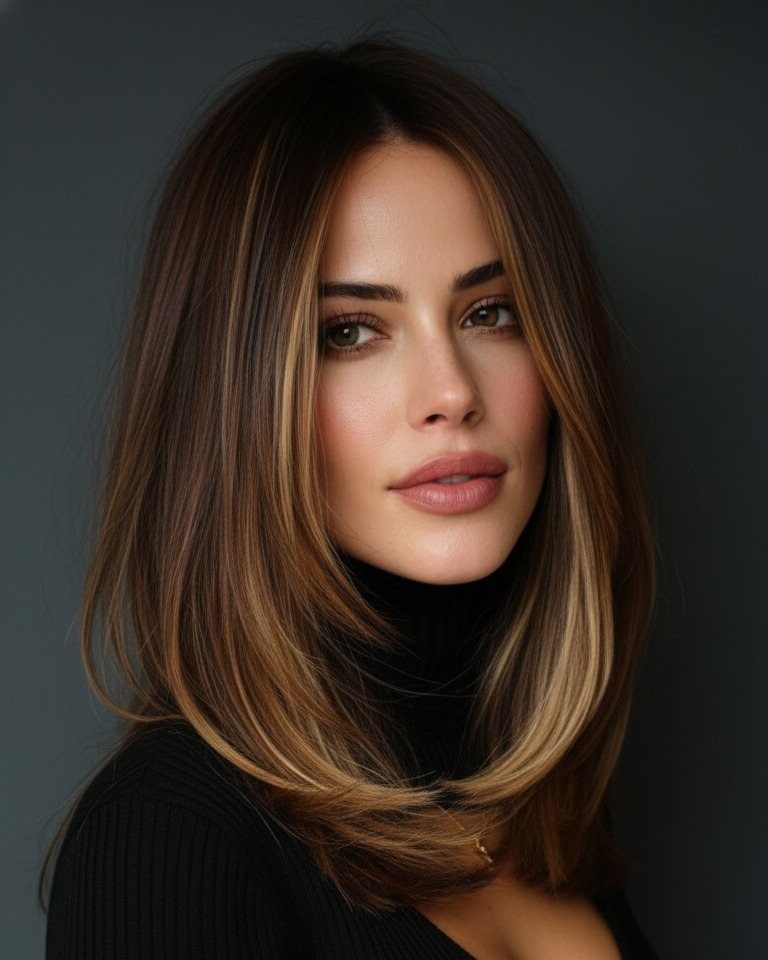 Woman with highlighted shoulder-length hair, soft layers, and curved ends