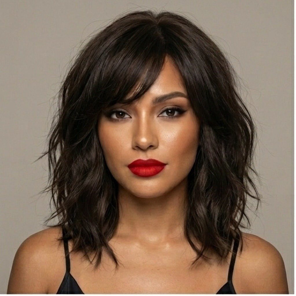 Woman with dark, shoulder-length shaggy layers and wispy ends