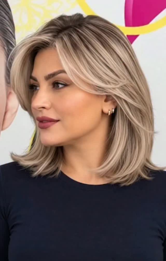 Woman with sleek, shoulder-length blonde layers framing her face