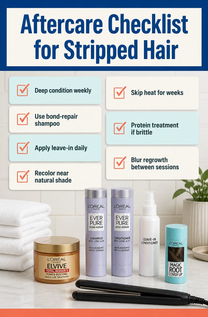 Aftercare checklist with conditioner shampoo leave-in treatment and heat warning