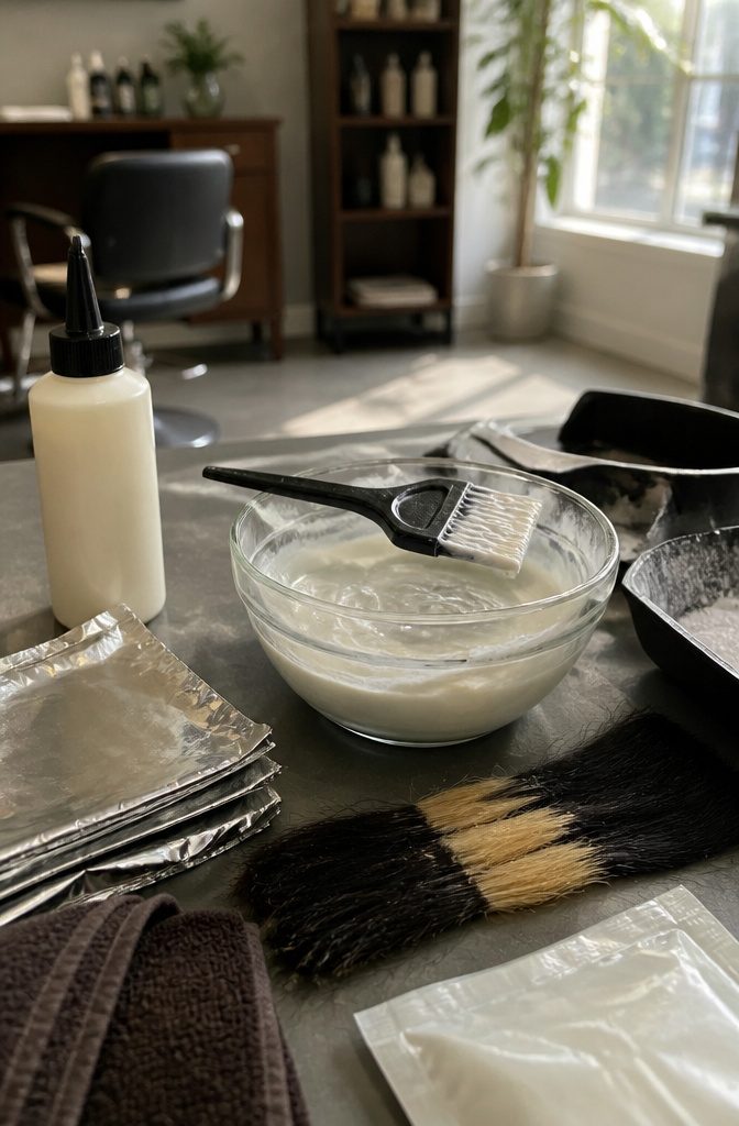 Glass bowl lightener tint brush developer foil and black hair strand test