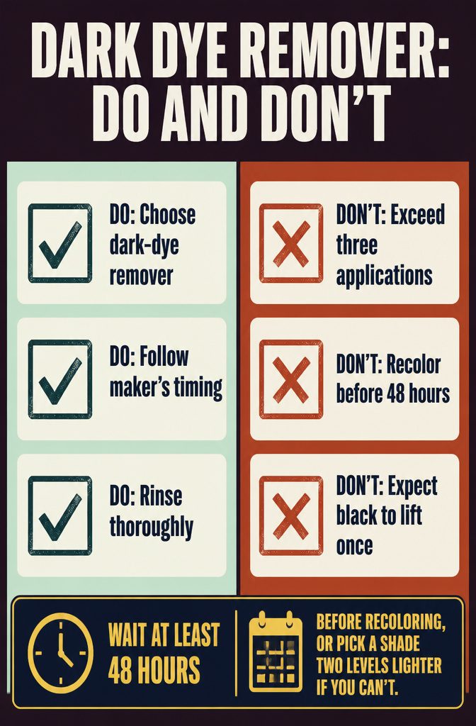 Dark dye remover instruction graphic with do and do not guidance