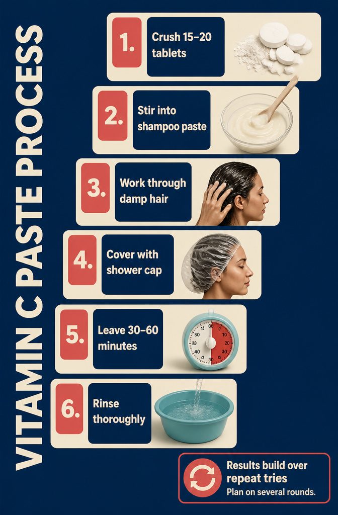 Vitamin C tablets and shampoo beside a mixing bowl