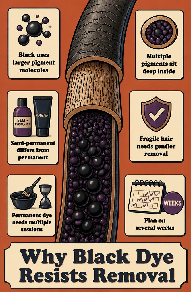 Graphic explaining why black hair dye resists removal