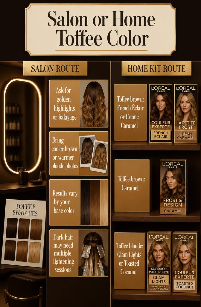 Beauty graphic titled Salon or Home Toffee Color