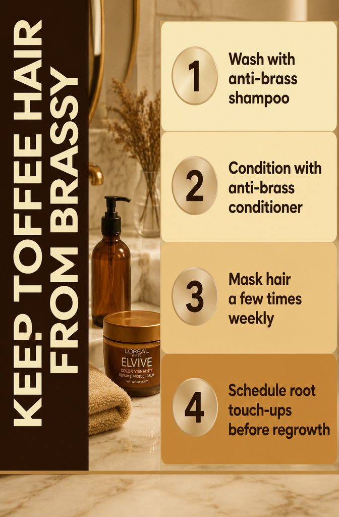 Beauty graphic titled Keep Toffee Hair From Brassy
