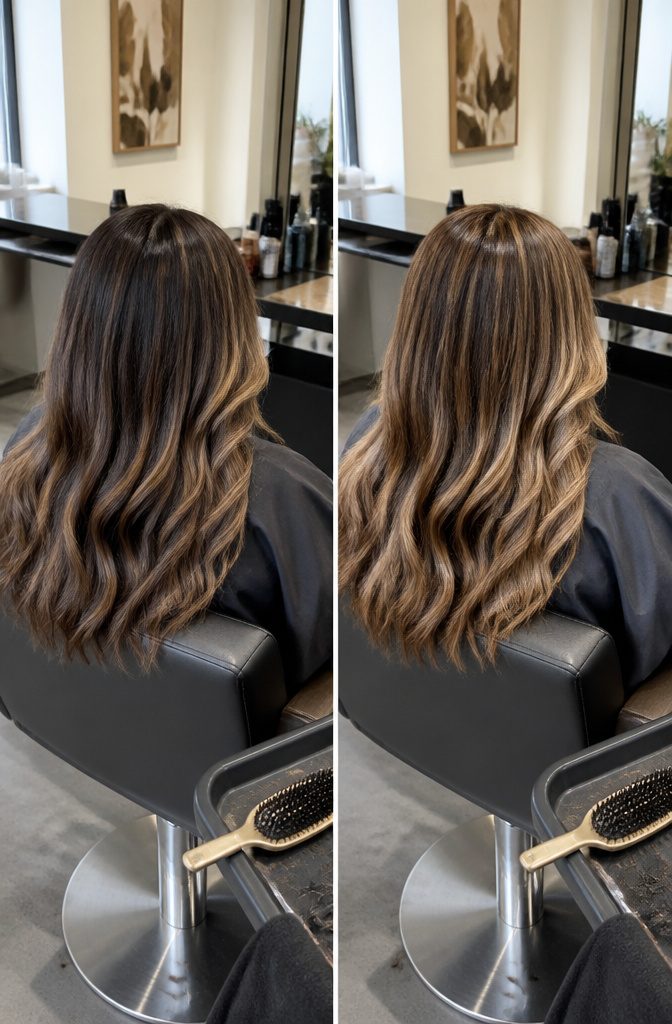 Toffee hair showing brown roots with lighter golden blonde highlights