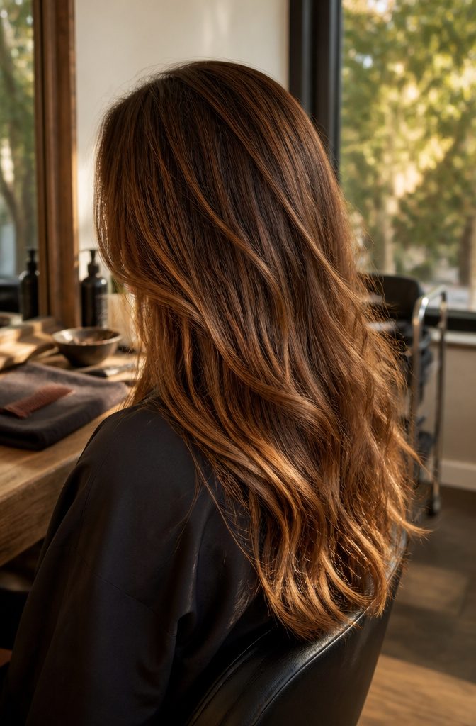 Medium brown hair with golden highlights and caramel tones
