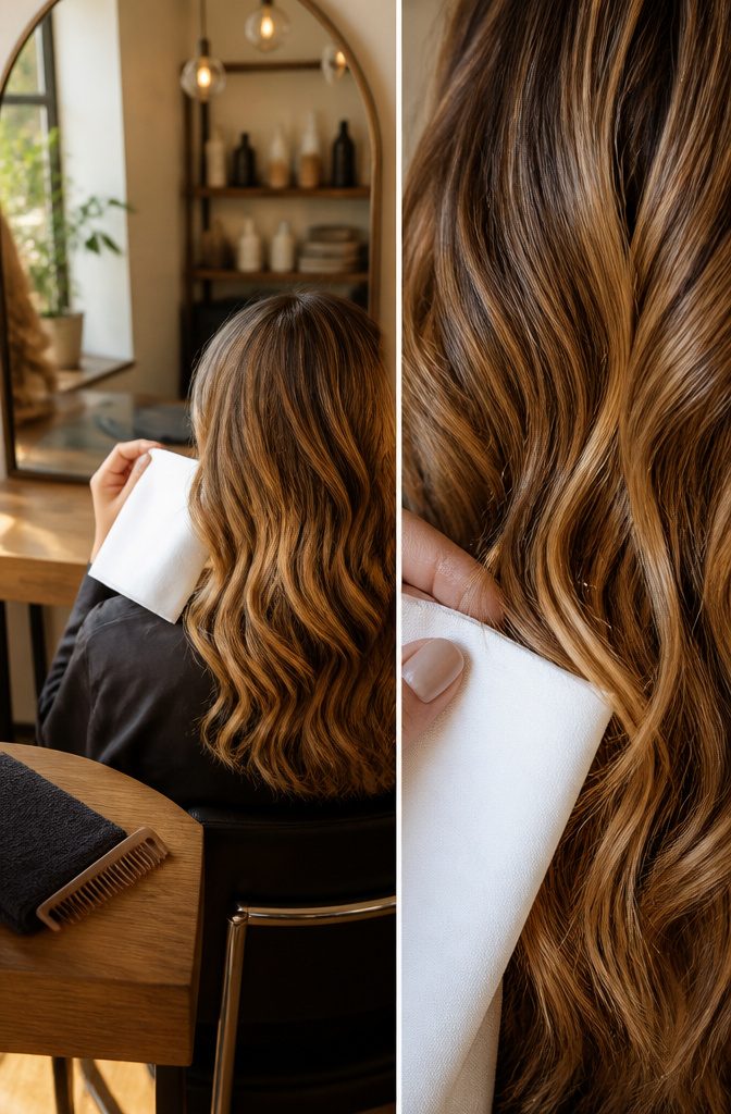 Toffee-colored hair with caramel and honey highlights around the face